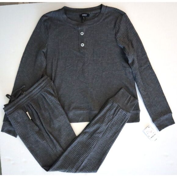 Alfani Women Sz XS Charcoal Gray 2-pc Thermal Waffle-Knit Henley Pajama Set - Picture 1 of 16